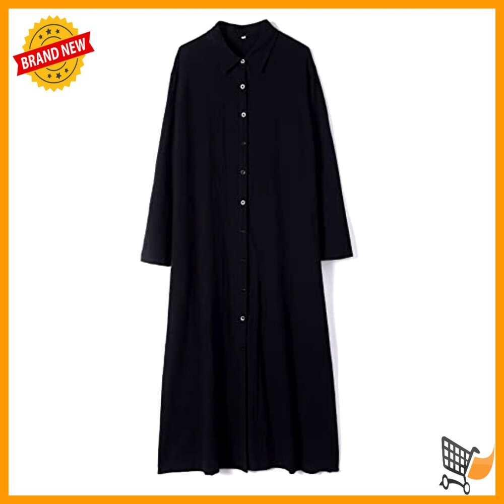 Cotton Linen Maxi Shirtdress Long Sleeve Button Down Casual Beach Dress Pockets - Picture 4 of 7